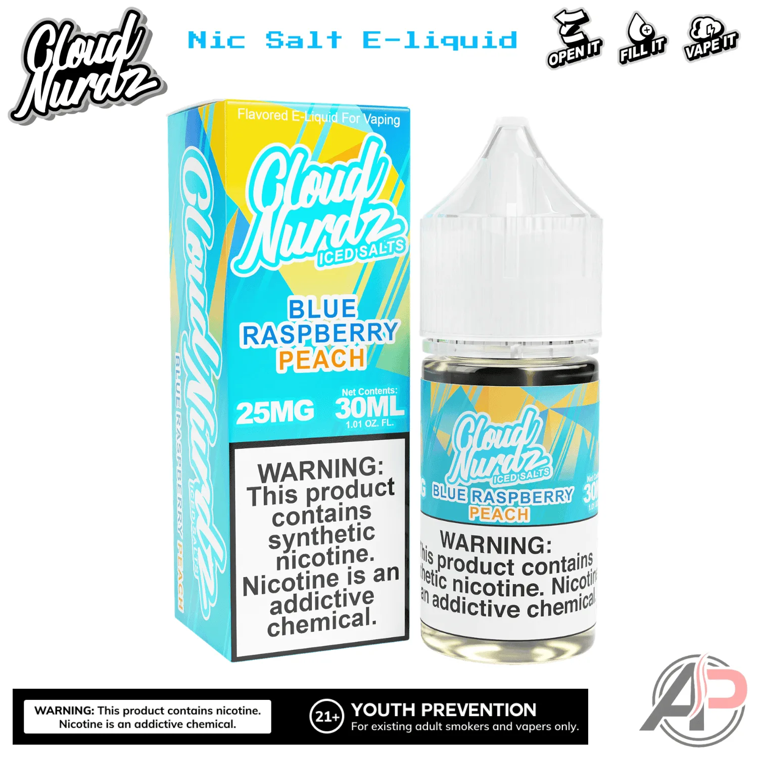 Cloud Nurdz Blue Raspberry Peach Iced E-Liquid 100mL - Image 2