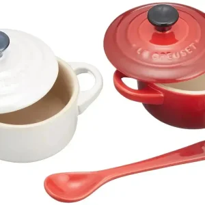 Le Creuset Heat-Resistant Petit Cocotte Container Pair with Spoon Red White