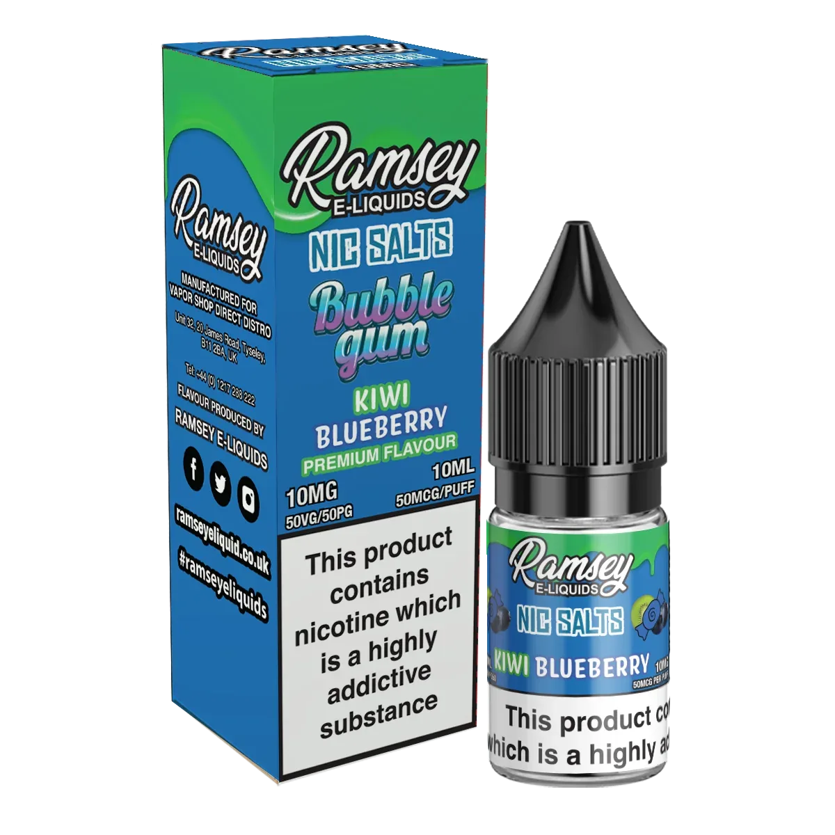 Ramsey E-Liquids Bubblegum Kiwi Blueberry 10ml Nic Salt - Image 2